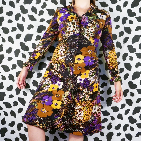 Vintage 70s Floral Ruffle Midi Dress - Picture 2 of 4